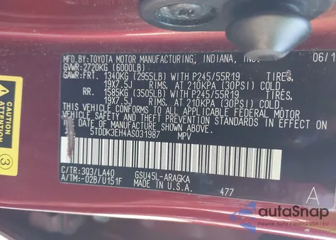 2010 Toyota Highlander Limited V6 z USA, uszkodzony, nr VIN 5TDDK3EH4AS031987